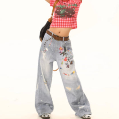 American-style Washed Chain Print Loose-fitting Jeans For Women