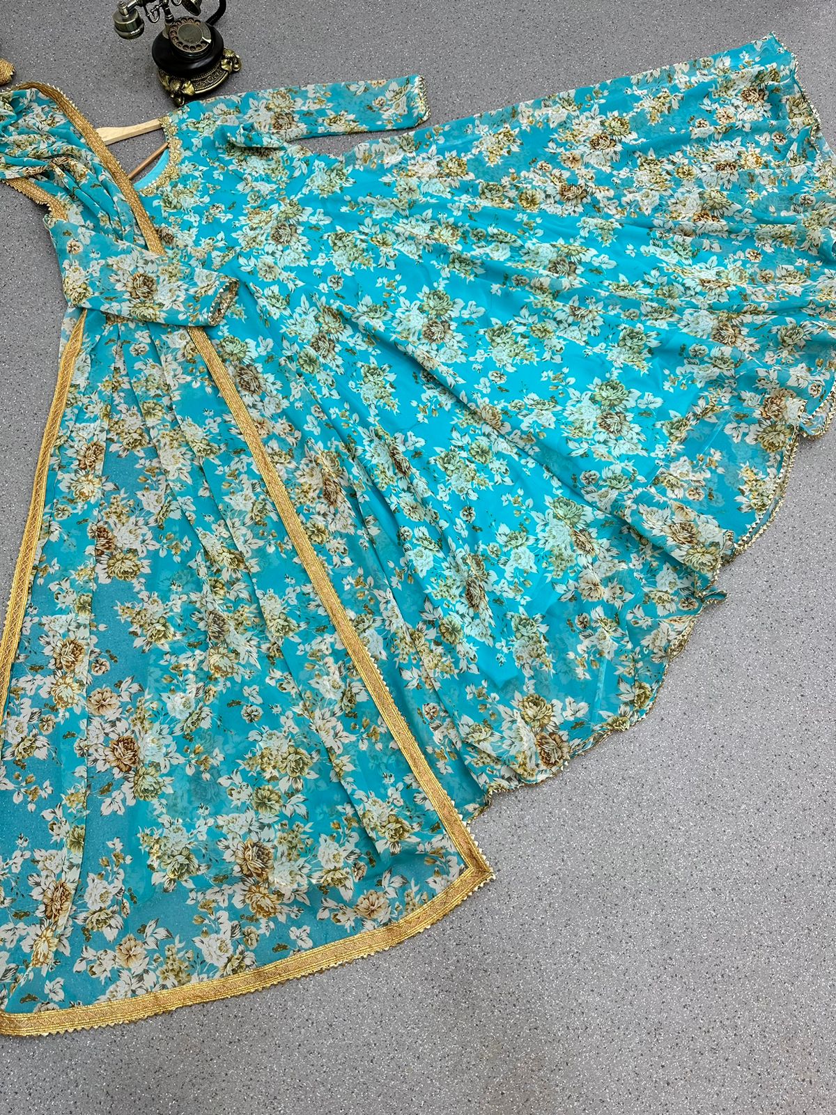 Sea Green Color Printed Stitched Anarkali Gown Dupatta Set