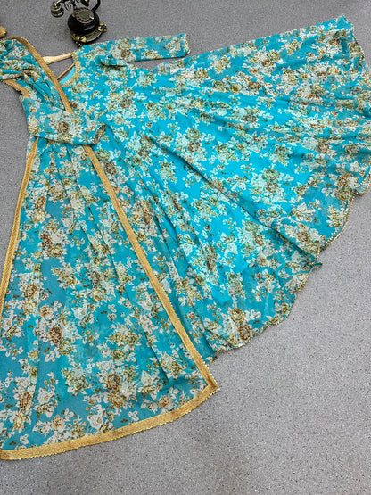 Sea Green Color Printed Stitched Anarkali Gown Dupatta Set