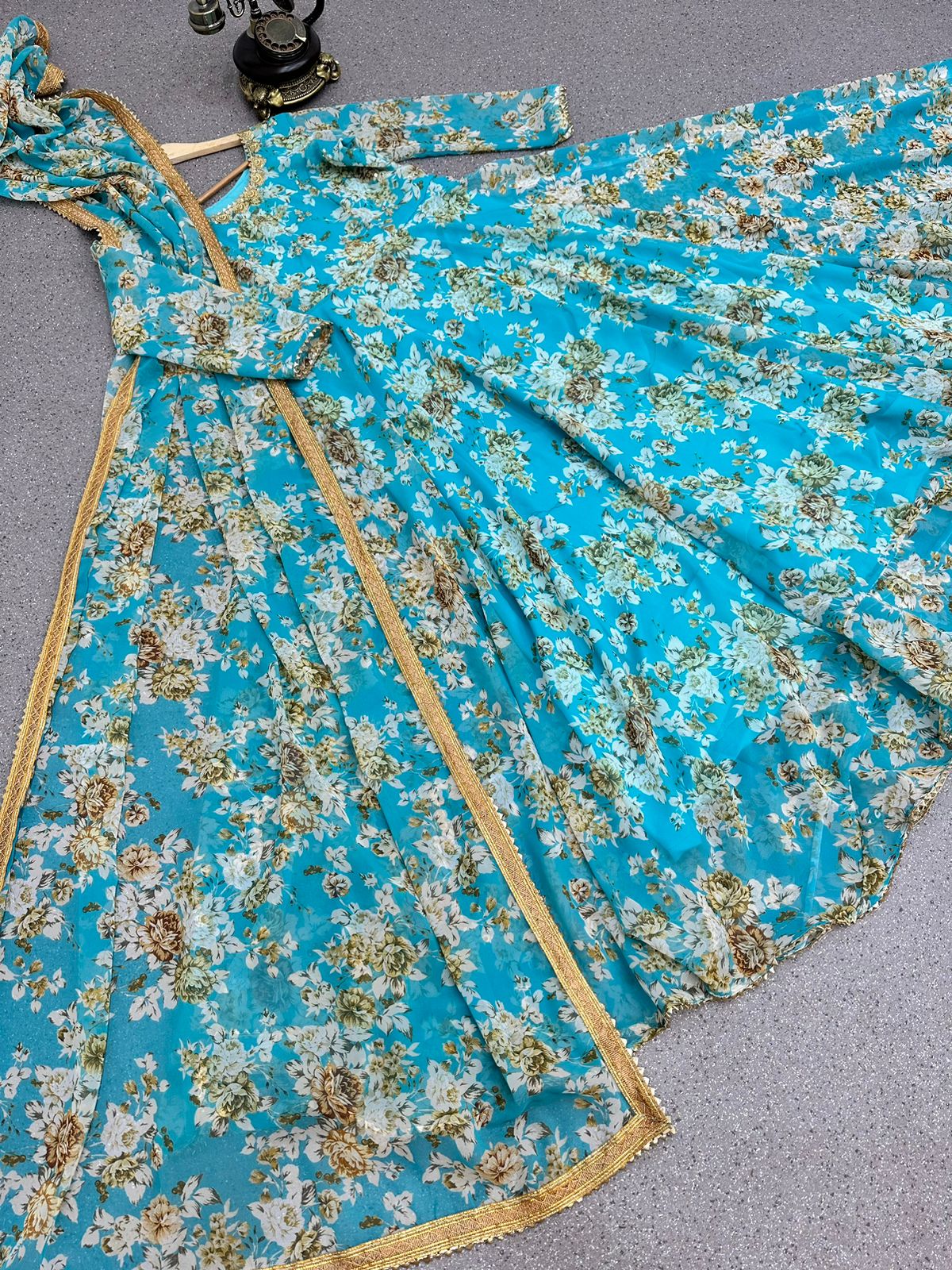 Sea Green Color Printed Stitched Anarkali Gown Dupatta Set