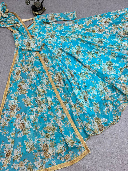Sea Green Color Printed Stitched Anarkali Gown Dupatta Set