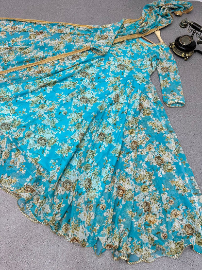 Sea Green Color Printed Stitched Anarkali Gown Dupatta Set
