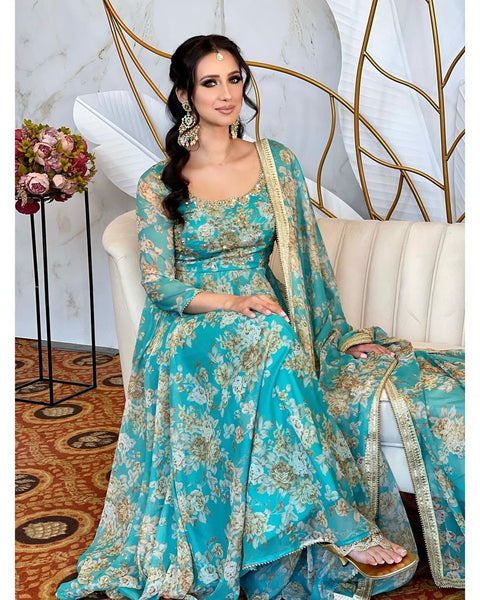 Sea Green Color Printed Stitched Anarkali Gown Dupatta Set