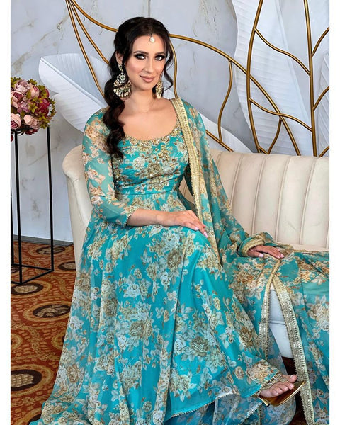 Sea Green Color Printed Stitched Anarkali Gown Dupatta Set