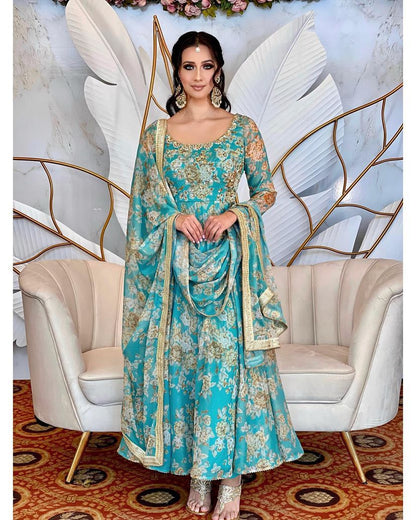 Sea Green Color Printed Stitched Anarkali Gown Dupatta Set