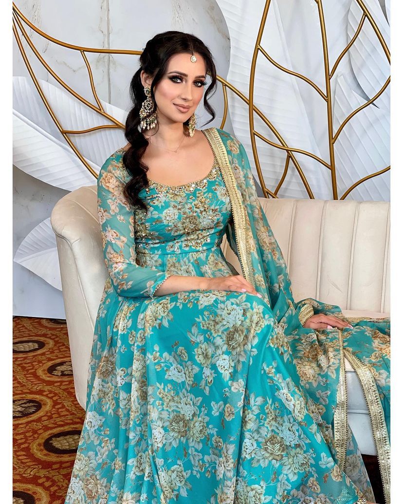 Sea Green Color Printed Stitched Anarkali Gown Dupatta Set