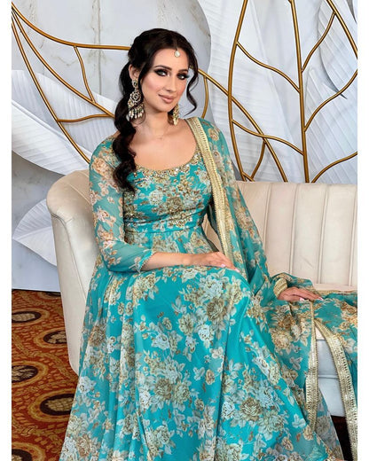 Sea Green Color Printed Stitched Anarkali Gown Dupatta Set