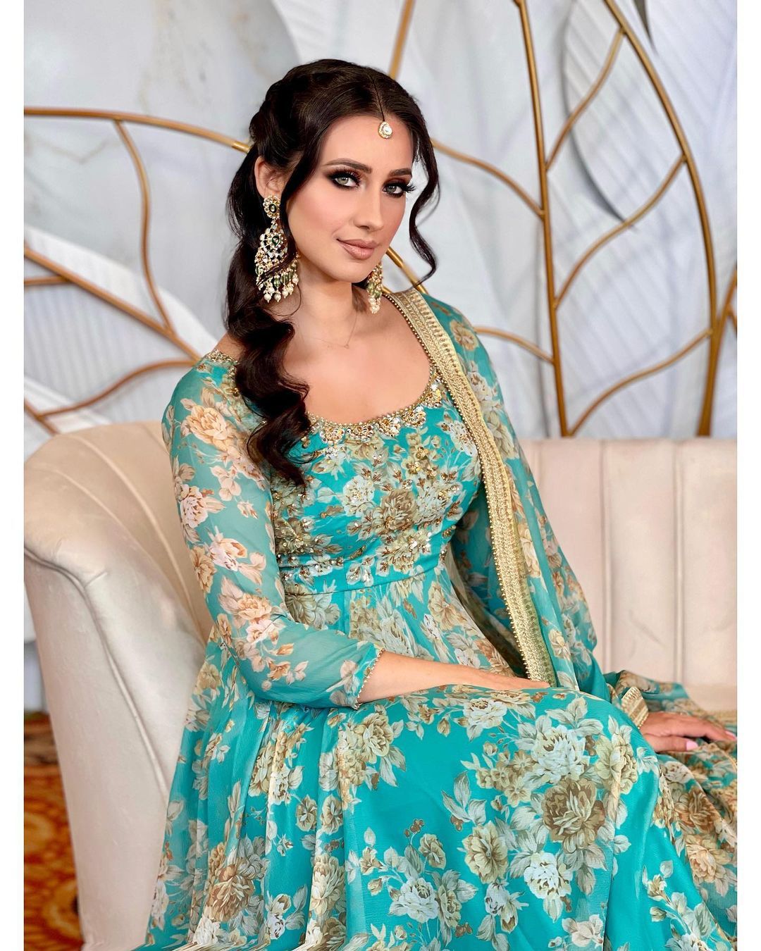 Sea Green Color Printed Stitched Anarkali Gown Dupatta Set