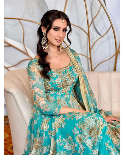 Sea Green Color Printed Stitched Anarkali Gown Dupatta Set