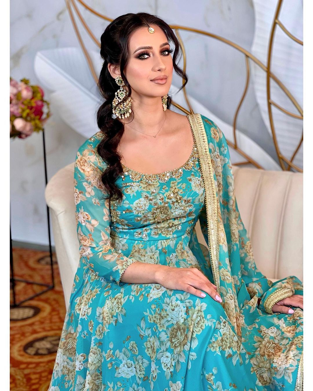 Sea Green Color Printed Stitched Anarkali Gown Dupatta Set