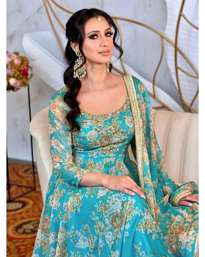 Sea Green Color Printed Stitched Anarkali Gown Dupatta Set