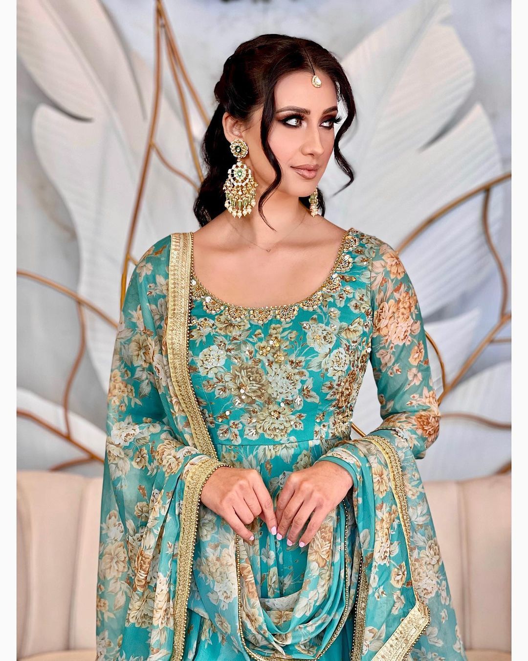 Sea Green Color Printed Stitched Anarkali Gown Dupatta Set