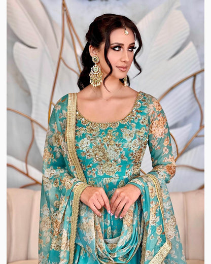 Sea Green Color Printed Stitched Anarkali Gown Dupatta Set
