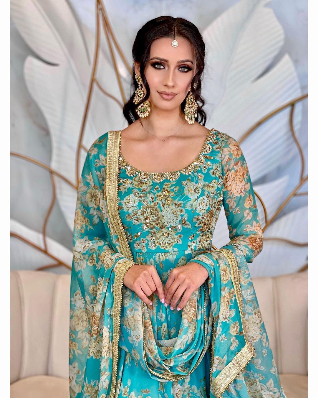 Sea Green Color Printed Stitched Anarkali Gown Dupatta Set
