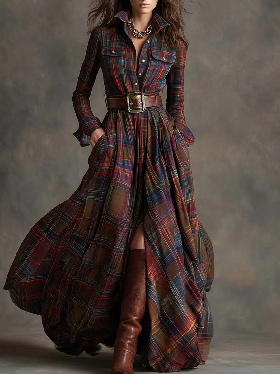 Ins Plaid Print Long-Sleeved Dress Fashion Pockets Collared Buttons Shirt Long Dresses Retro Women's Clothing