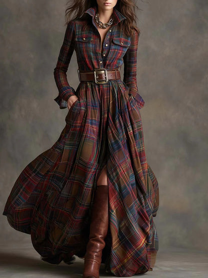 Ins Plaid Print Long-Sleeved Dress Fashion Pockets Collared Buttons Shirt Long Dresses Retro Women's Clothing