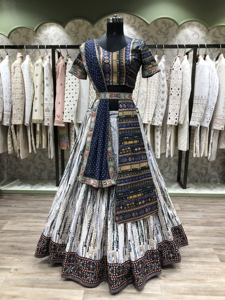 Impressive Royal Blue Color Cotton Sequence Digital Printed Work Ready Made Lehenga Choli