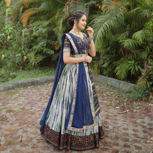 Impressive Royal Blue Color Cotton Sequence Digital Printed Work Ready Made Lehenga Choli