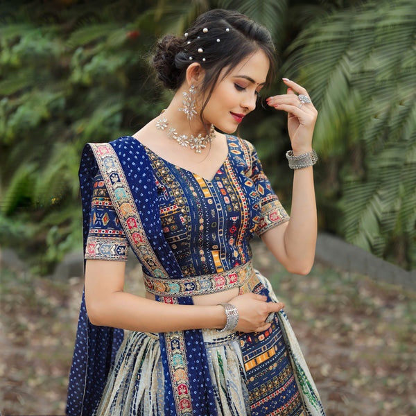 Impressive Royal Blue Color Cotton Sequence Digital Printed Work Ready Made Lehenga Choli