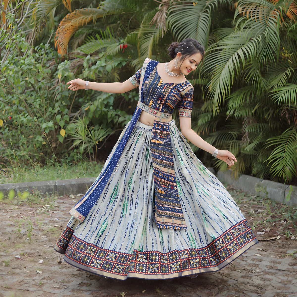 Impressive Royal Blue Color Cotton Sequence Digital Printed Work Ready Made Lehenga Choli