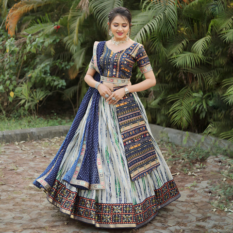 Impressive Royal Blue Color Cotton Sequence Digital Printed Work Ready Made Lehenga Choli