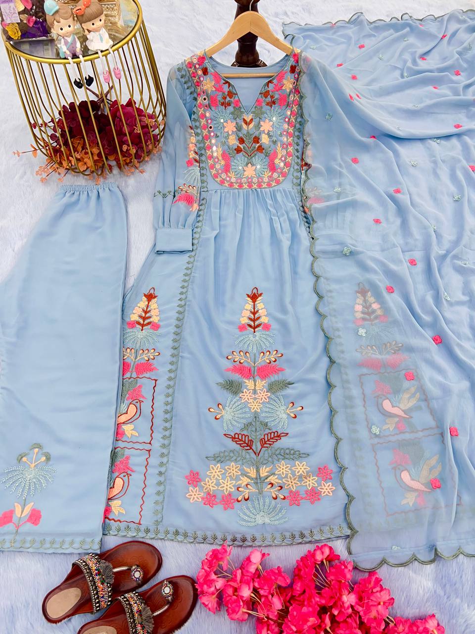 Georgette Mirror hand work top plazo dupatta set