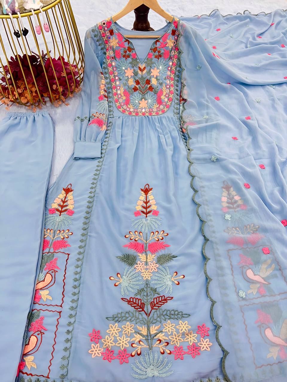 Georgette Mirror hand work top plazo dupatta set