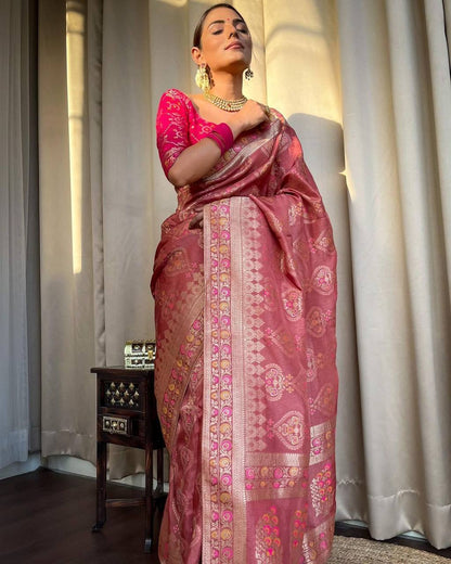 Beautiful Banarasi Copper Zari Weaving Soft Semi Silk Saree With Attractive Blouse Piece