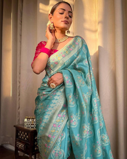 Beautiful Banarasi Copper Zari Weaving Soft Semi Silk Saree With Attractive Blouse Piece