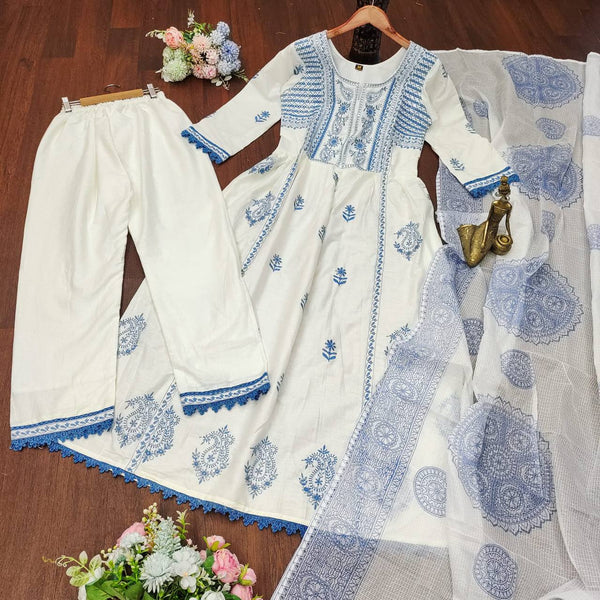 Latest White Mal Mal Cotton Chikankari Embroidered Work Ready Made Salwar Suit