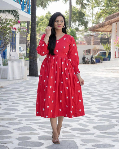 Beautiful Red Color Cotton Embroidered Work Ready Made Gown