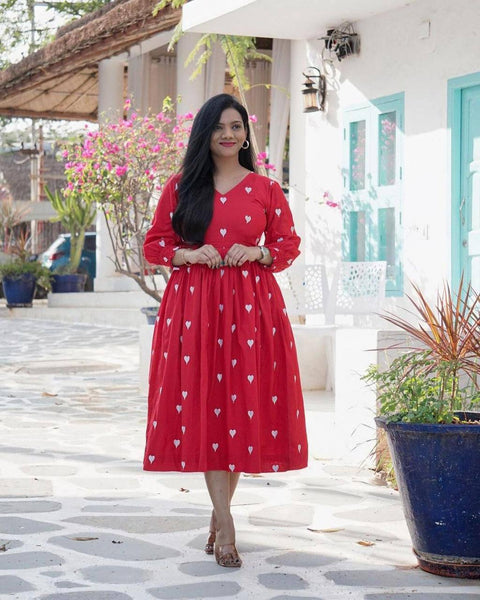 Beautiful Red Color Cotton Embroidered Work Ready Made Gown