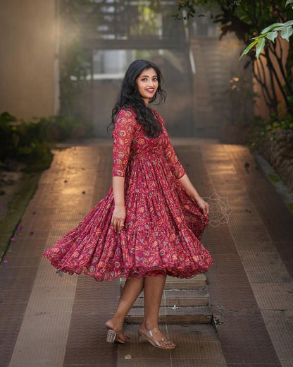 Maroon Color Georgette Ready Made Printed Gown For Women