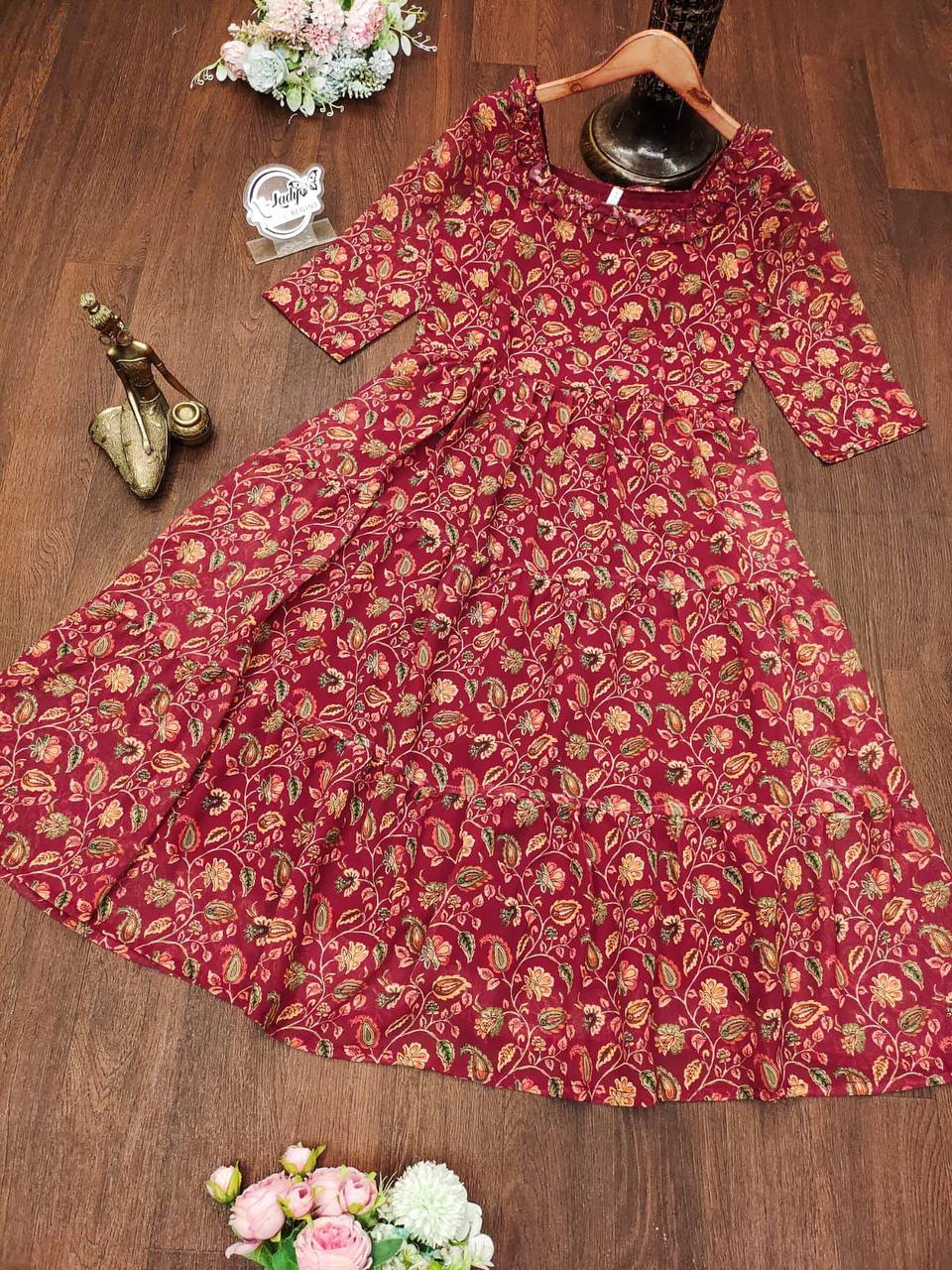 Maroon Color Georgette Ready Made Printed Gown For Women