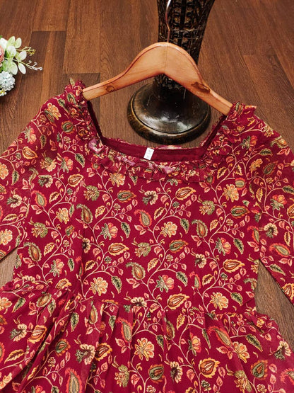 Maroon Color Georgette Ready Made Printed Gown For Women