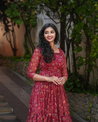 Maroon Color Georgette Ready Made Printed Gown For Women