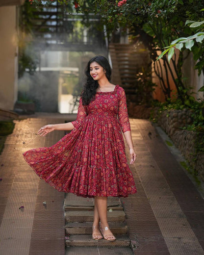 Maroon Color Georgette Ready Made Printed Gown For Women