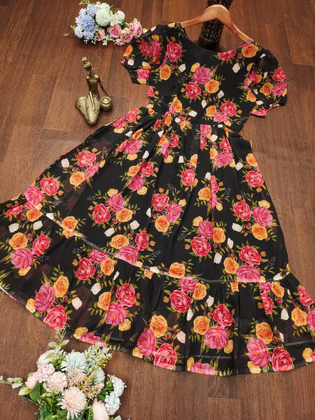 Stylish Georgette Flower Printed Ready Made Gown For Women