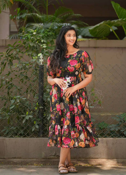 Stylish Georgette Flower Printed Ready Made Gown For Women