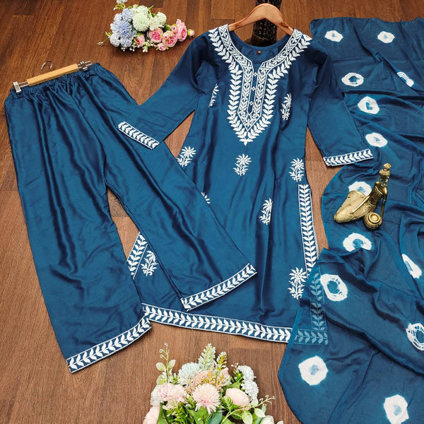 Unique Rama Color Rayon Cotton Chikankari Embroidered Work Salwar Suit