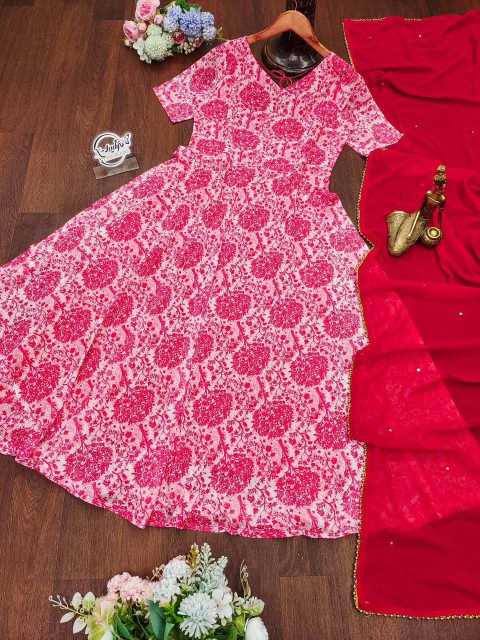 Beautiful Red Color Ready Made Printed Mirror Work Georgette Gown Dupatta