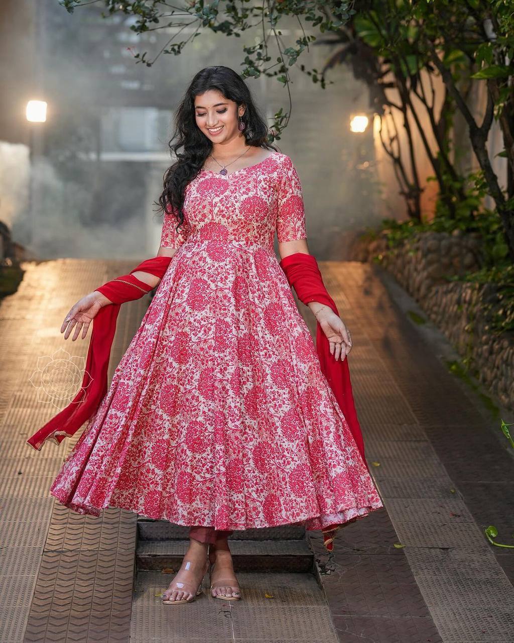 Beautiful Red Color Ready Made Printed Mirror Work Georgette Gown Dupatta