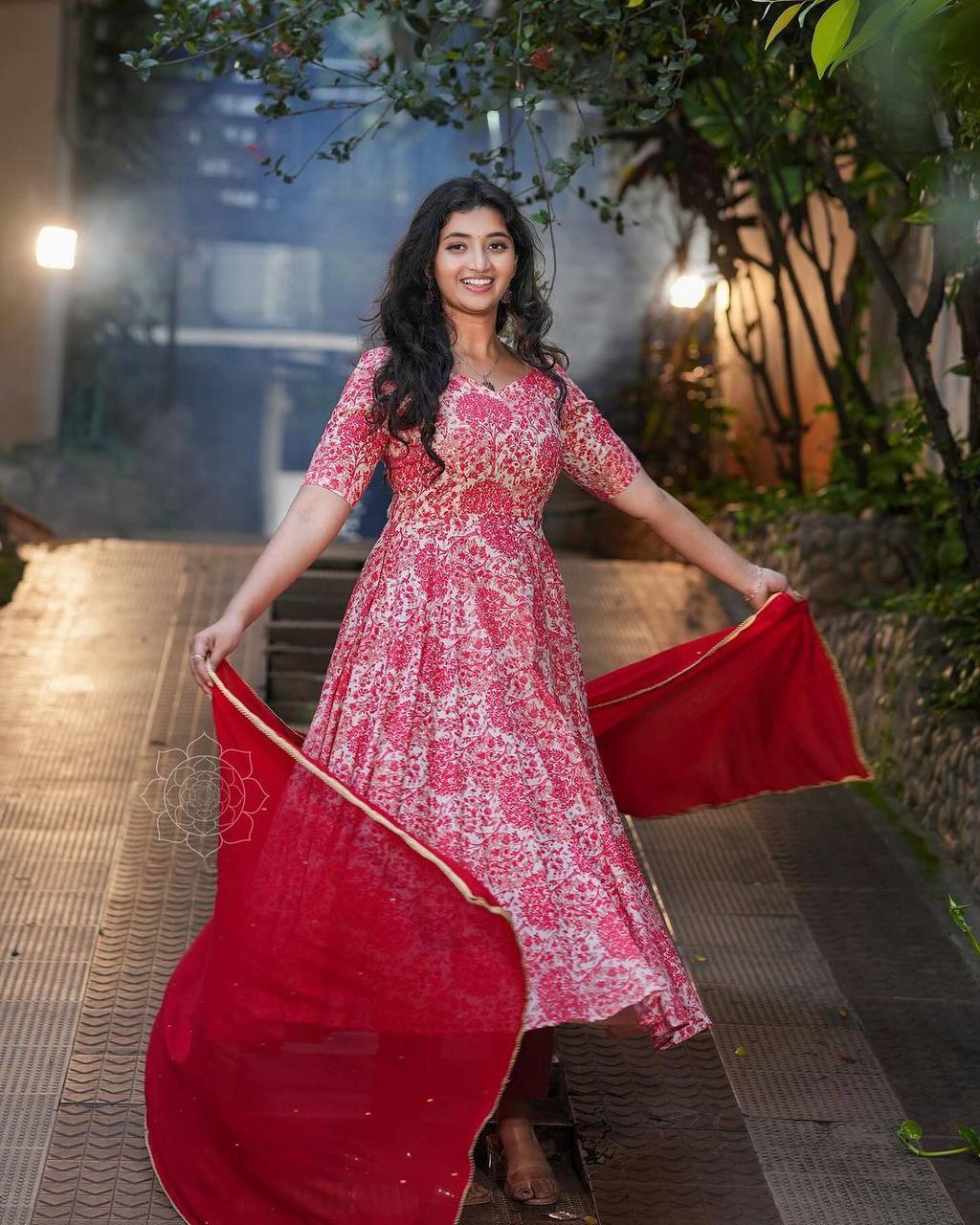 Beautiful Red Color Ready Made Printed Mirror Work Georgette Gown Dupatta