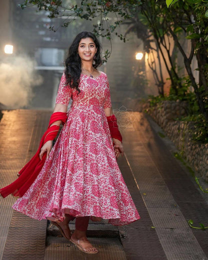 Beautiful Red Color Ready Made Printed Mirror Work Georgette Gown Dupatta