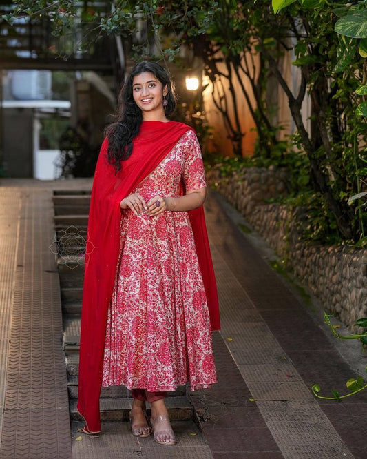 Beautiful Red Color Ready Made Printed Mirror Work Georgette Gown Dupatta