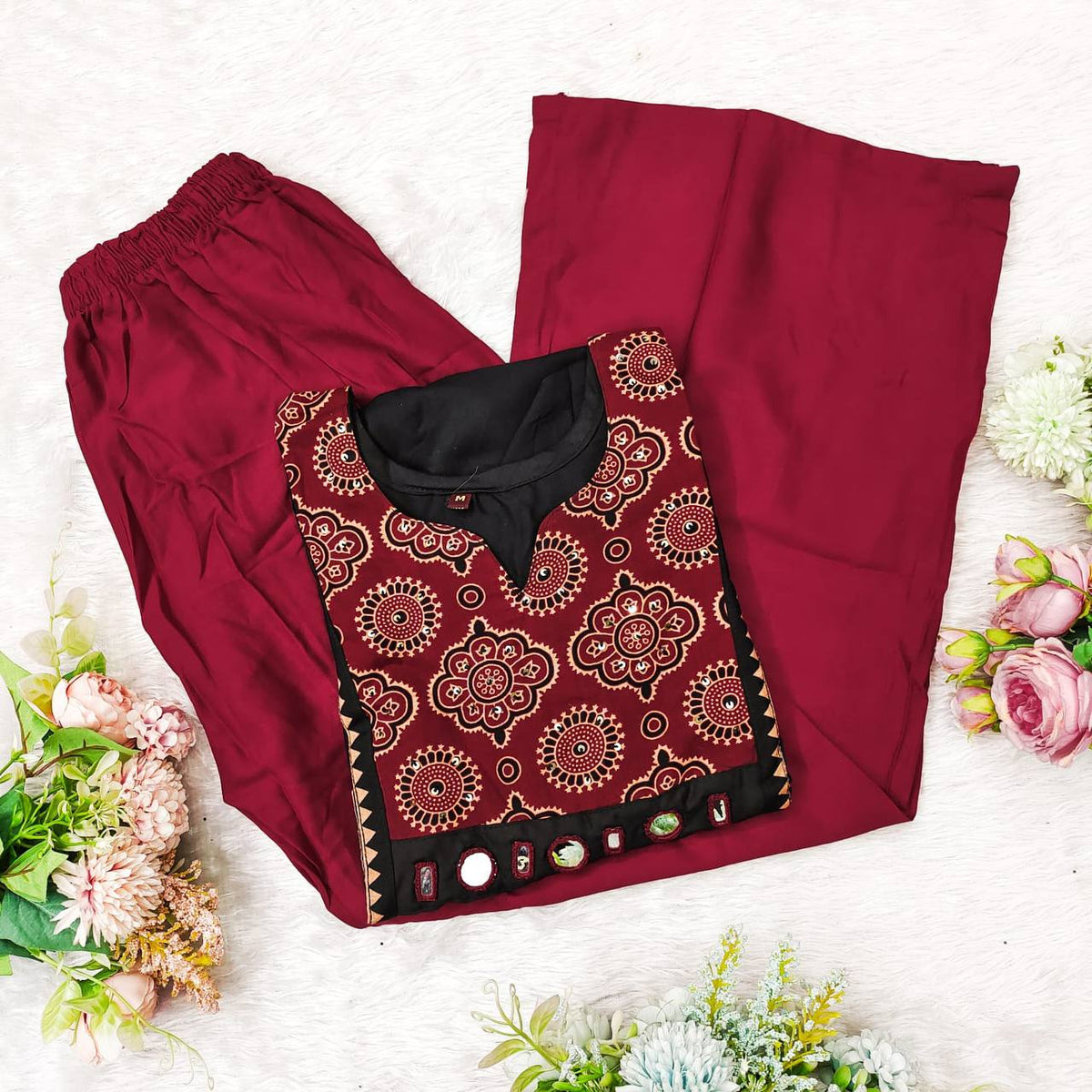 Black Color Rayon Mirror Printed Work Ready Made Plazo Kurta