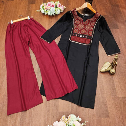 Black Color Rayon Mirror Printed Work Ready Made Plazo Kurta
