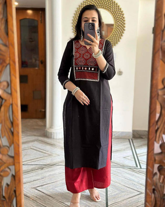 Black Color Rayon Mirror Printed Work Ready Made Plazo Kurta