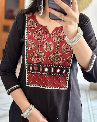Black Color Rayon Mirror Printed Work Ready Made Plazo Kurta
