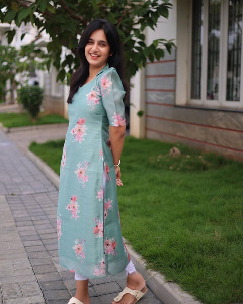 Beautiful Organza Printed Ready Made Kurti For Women